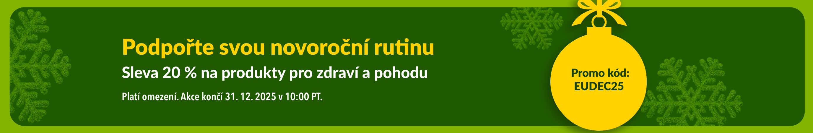 Novoroční banner iHerb s 20% slevou na produkty pro zdraví a pohodu s kódem EUDEC25, se žlutými ozdobami a zelenými vločkami.