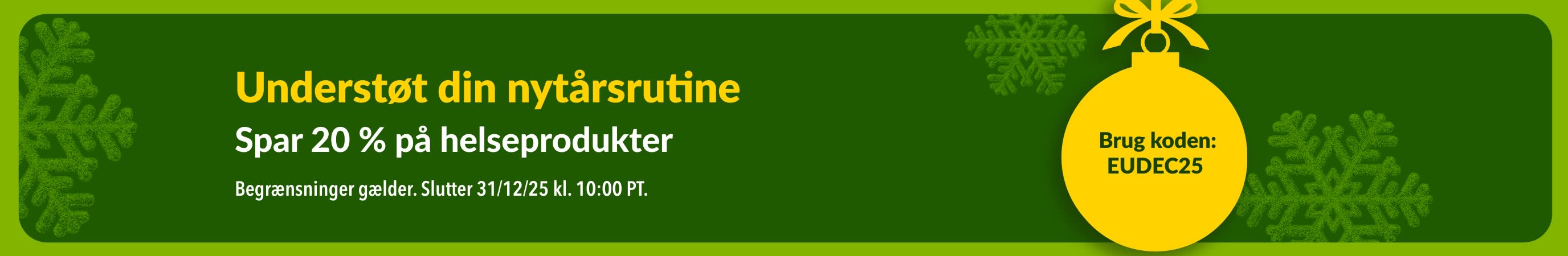iHerb nytårsbanner med 20 % rabat på helseprodukter med rabatkoden EUDEC25, med gul julekugle og grønne snefnug.