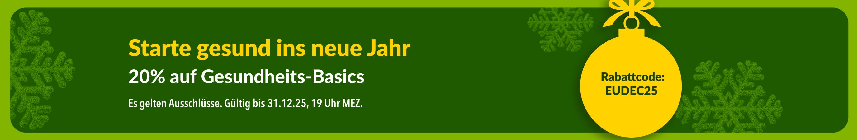 iHerb-Neujahrsbanner mit 20% Rabatt auf Gesundheits-Basics ab 80$ mit Code EUDEC25 und gelbem Ornament auf grünem Hintergrund