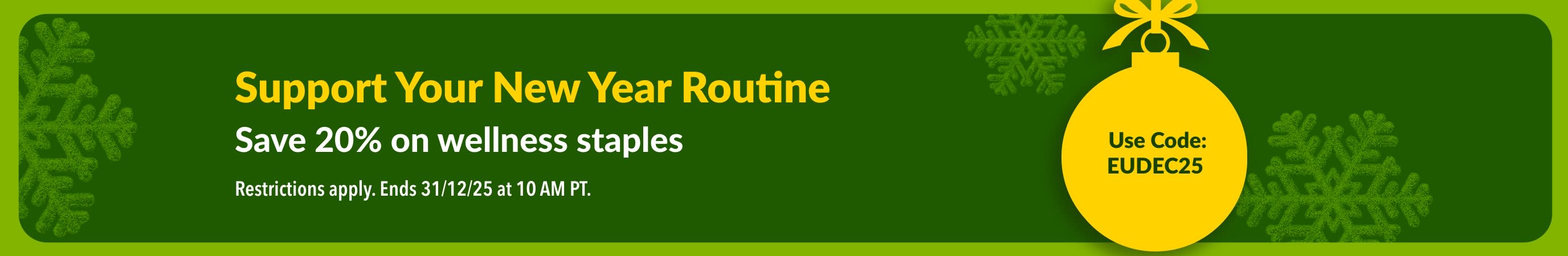 iHerb New Year banner offering 20% off wellness staples with promo code EUDEC25, featuring yellow ornament and green snowflakes.