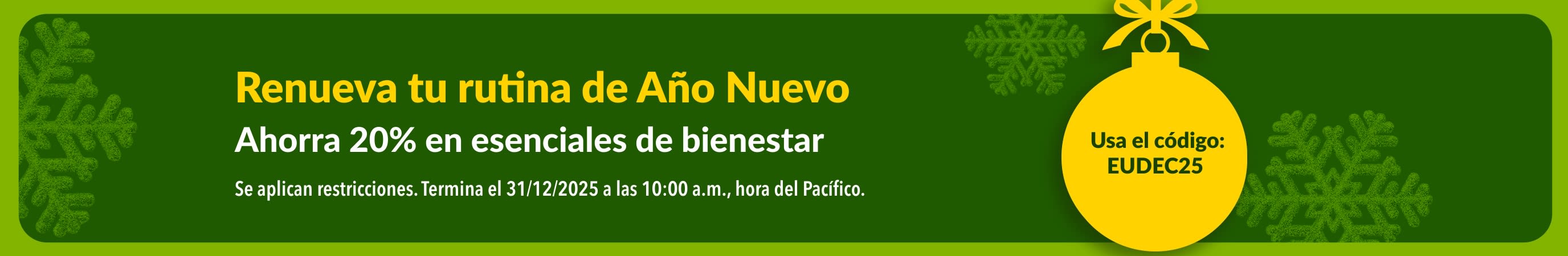 Banner de iHerb para Año Nuevo. Fondo verde con un adorno amarillo. Ahorra 20% en esenciales de bienestar con el código EUDEC25.