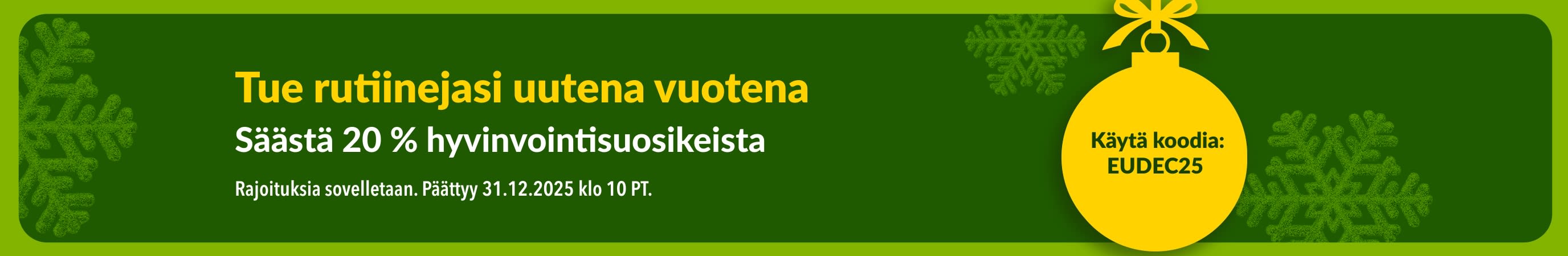 iHerbin uuden vuoden banneri, joka mainostaa 20 %:n alennusta hyvinvointisuosikeista tarjouskoodilla EUDEC25. Kuvassa on keltainen joulukuusenkoriste ja vihreitä lumihiutaleita.