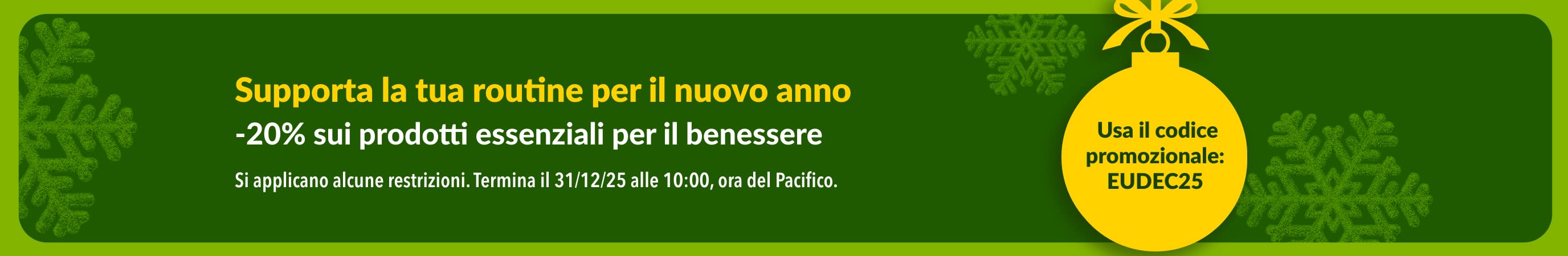Banner di Capodanno di iHerb che offre uno sconto del 20% sui prodotti essenziali per il benessere con il codice promozionale EUDEC25, con ornamenti gialli e fiocchi di neve verdi.