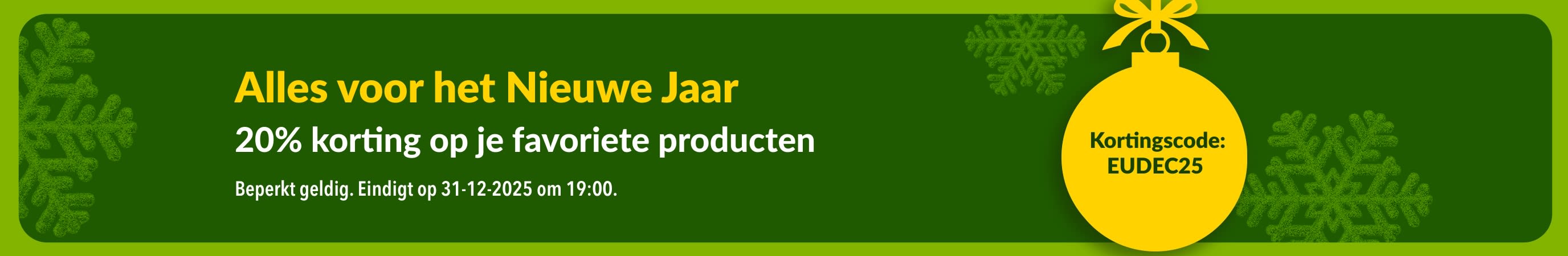 De nieuwjaarsbanner van iHerb biedt 20% korting op welzijnsproducten met de kortingscode EUDEC25, met een geel ornament en groene sneeuwvlokken.