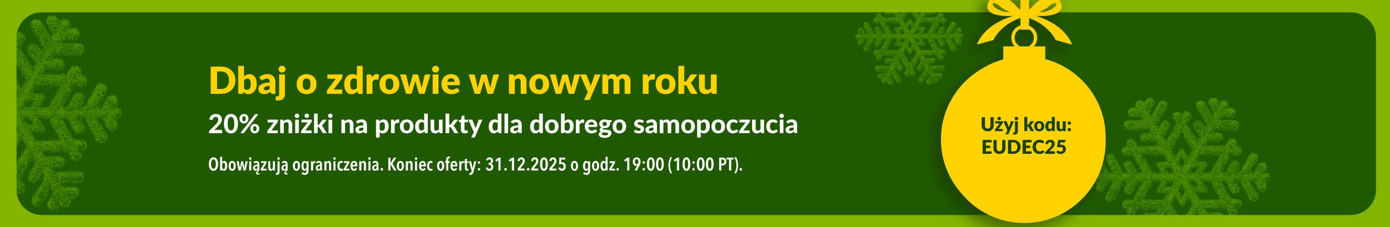 Baner iHerb z 20% zniżki na niezbędniki dla zdrowia z kodem: EUDEC25. Na grafice jest żółta bombka i zielone płatki śniegu.