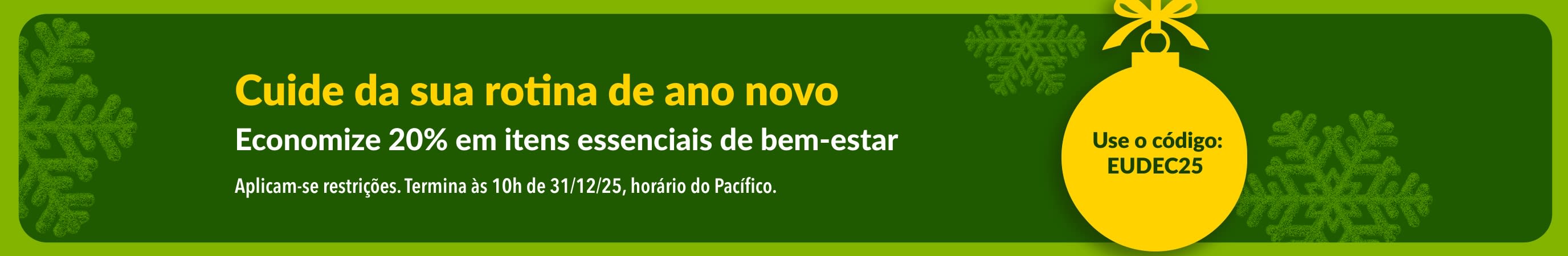 Banner de ano novo da iHerb oferecendo 20% OFF em itens essenciais de bem-estar com o código EUDEC25, com ornamento amarelo e flocos de neve verdes.