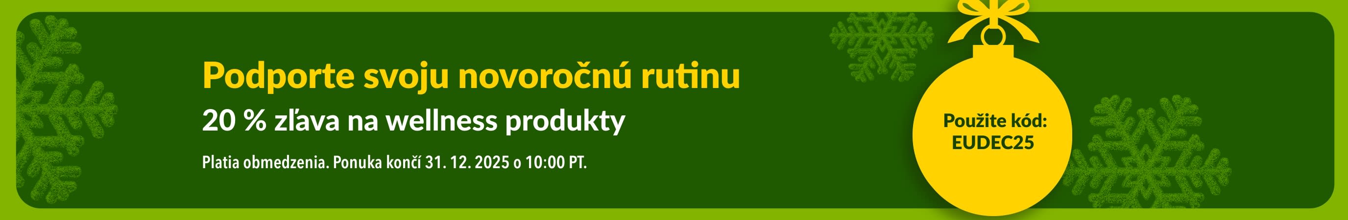 Novoročný banner iHerb s ponukou 20 % zľavy na základné wellness produkty s promo kódom EUDEC25, so žltou ozdobou a zelenými snehovými vločkami.