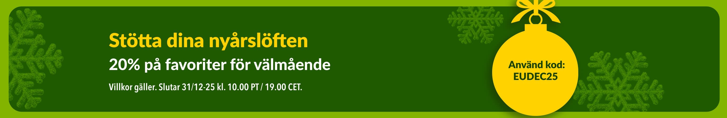 iHerb nyårsbanner med 20 % rabatt på favoriter för välmående med kampanjkoden EUDEC25, med gul julkula och gröna snöflingor.