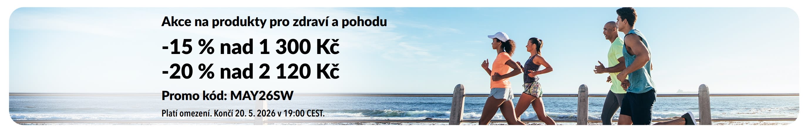 Banner akce na produkty pro zdraví s nabídkou 15% slevy při nákupu nad 1 300 Kč a 20% slevy nad 2 120 Kč s promo kódem MAY26SW.