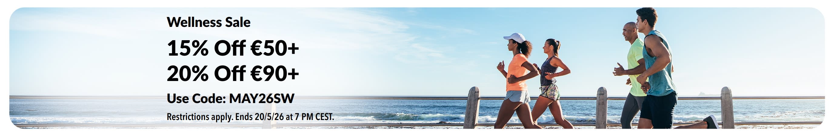 Wellness Sale banner offering 15% off €50+ and 20% off €90+ with promo code MAY26SW.