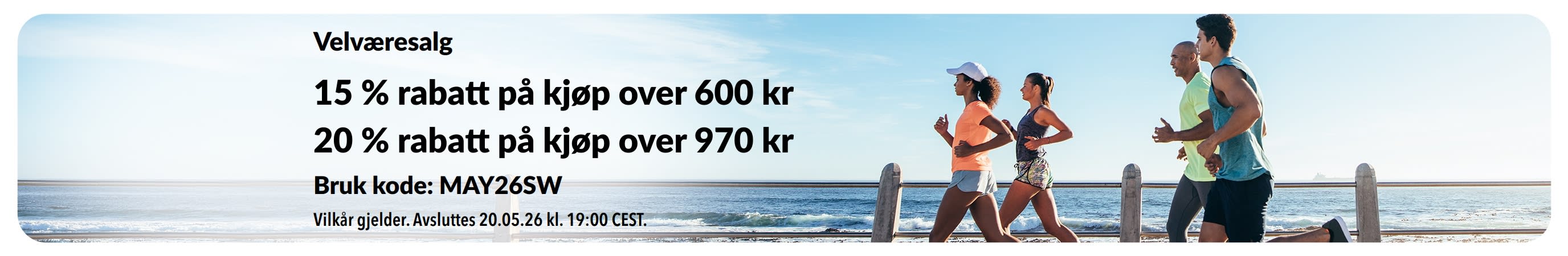 Velværesalg-banner som tilbyr 15 % rabatt på kjøp over 600 kr og 20 % rabatt på kjøp over 970 kr med kampanjekoden MAY26SW.