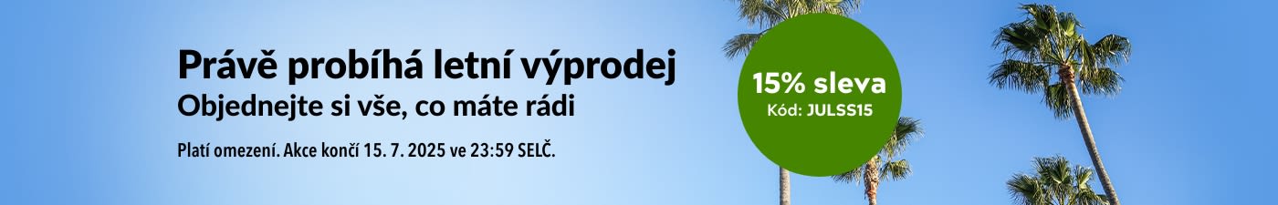 Letní výprodej s 15% slevou. Použijte promo kód JULSS15.