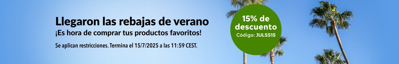 Rebajas de verano con un 15% de descuento. Código promocional: JULSS15.