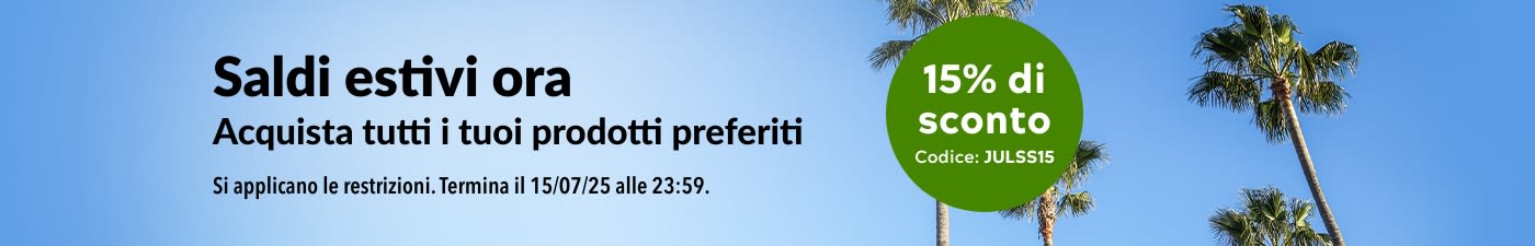 Saldi estivi 15% di sconto. Con il codice promozionale JULSS15.
