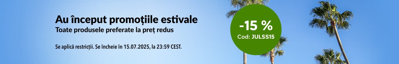 Promoții estivale cu 15 % reducere. Utilizați codul JULSS15.