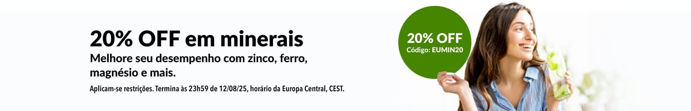 Garanta 20% OFF em minerais como zinco, ferro, magnésio e muito mais com o código EUMIN20.
