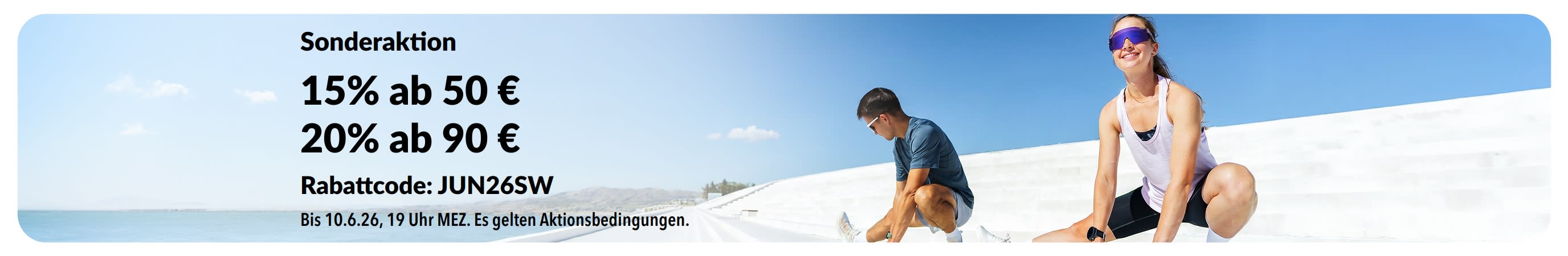 Sale-Banner: 15 % Rabatt ab 50 € und 20 % Rabatt ab 90 €.
