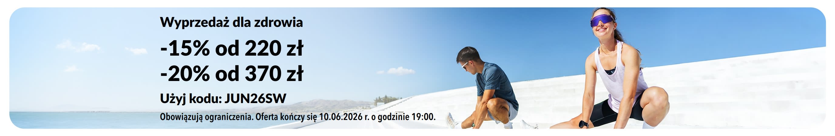 Baner promocyjny oferujący 15% zniżki przy zakupach od 220 zł oraz 20% zniżki przy zakupach od 370 zł.