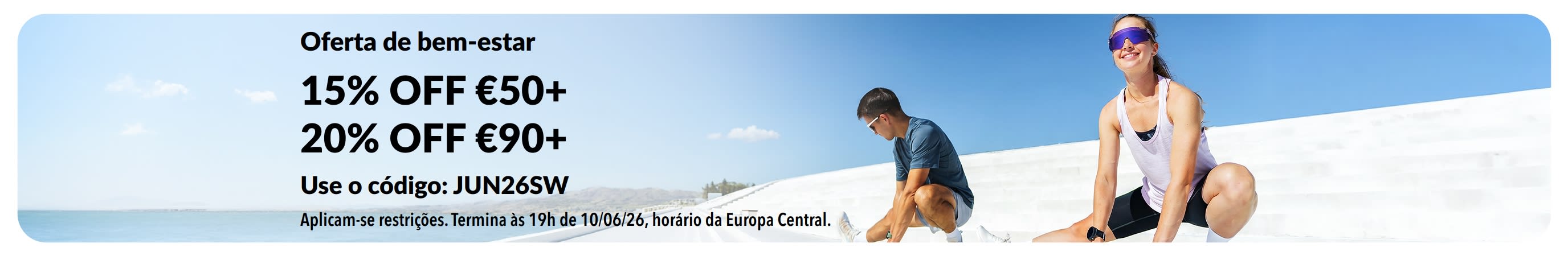 Banner da oferta de bem-estar com 15% OFF em pedidos acima de €50 e 20% OFF acima de €90.