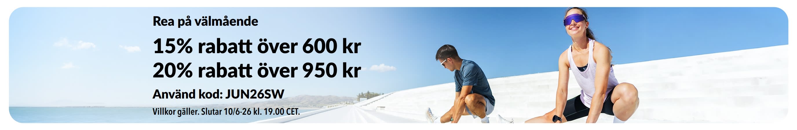 Banner för rea på välmående som erbjuder 15% rabatt över 600 kr och 20% rabatt över 950 kr.