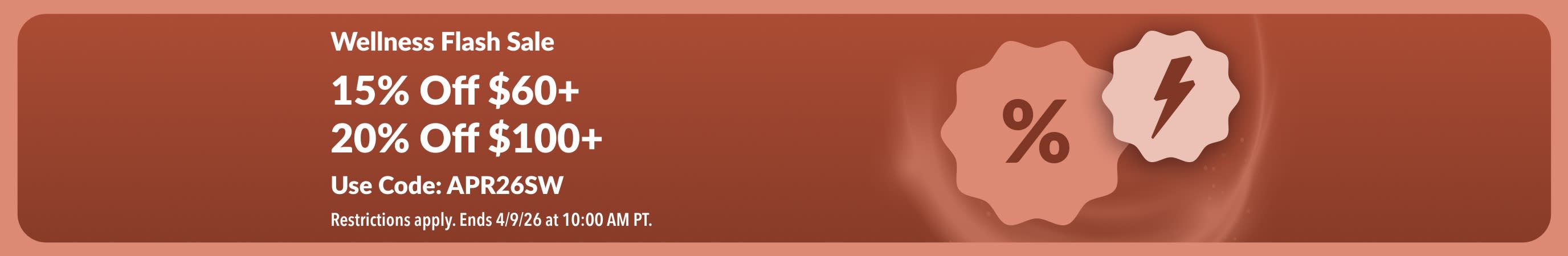 iHerb wellness flash sale banner offering 15% off $60+ and 20% off $100+ with code APR26SW.