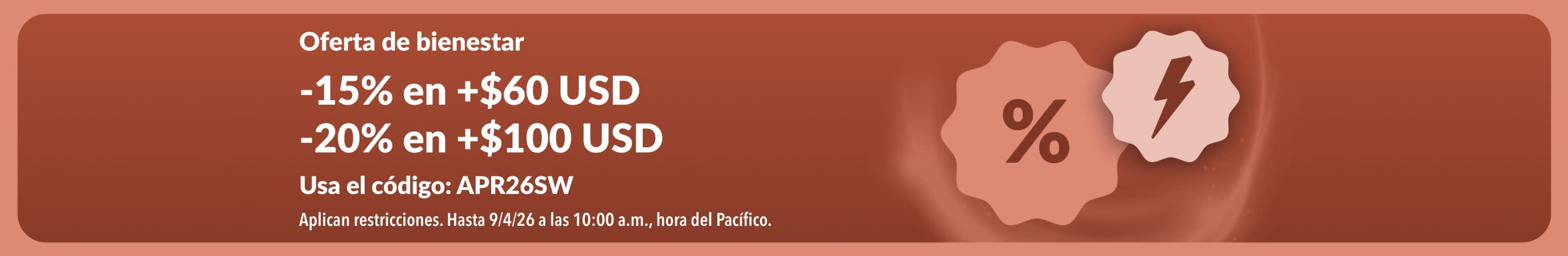 Banner de oferta de iHerb ofreciendo 15% y 20% de descuento con el código APR26SW.