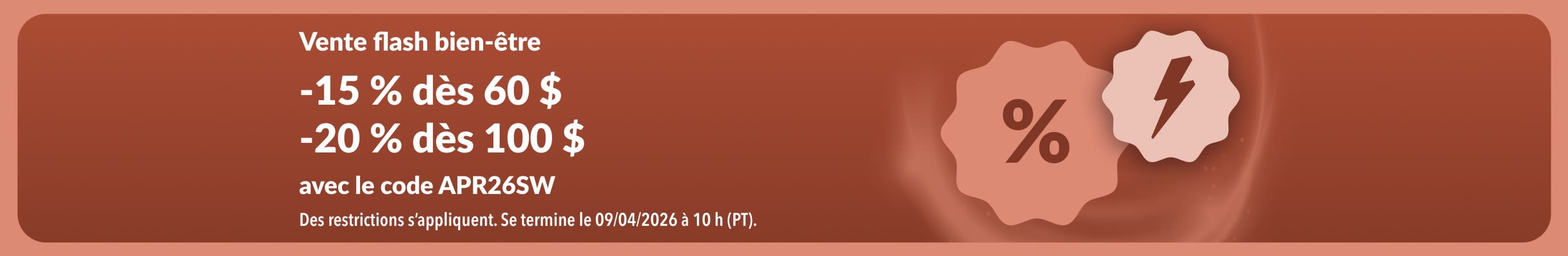 Bannière iHerb offrant 15 % de réduction dès 60 $ et 20 % dès 100 $ avec le code APR26SW.