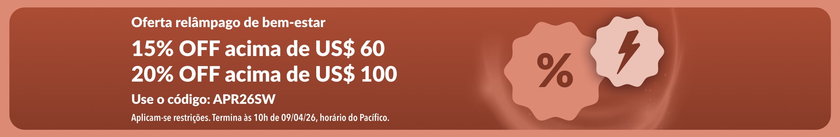 Banner de oferta relâmpago de bem-estar da iHerb com 15% OFF em compras acima de US$ 60 e 20% OFF em compras acima de US$ 100 com o código APR26SW.