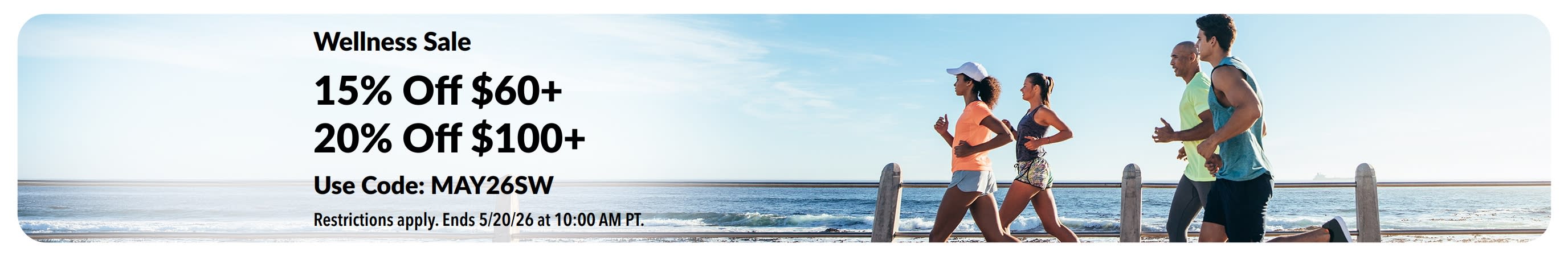 Wellness Sale banner offering 15% off $60+ and 20% off $100+ with promo code MAY26SW.
