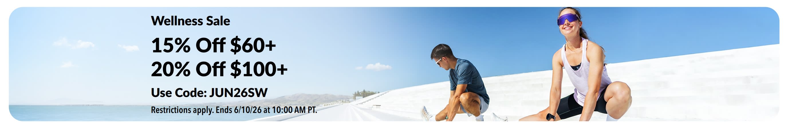 Wellness Sale banner offering 15% off $60+ and 20% off $100+.