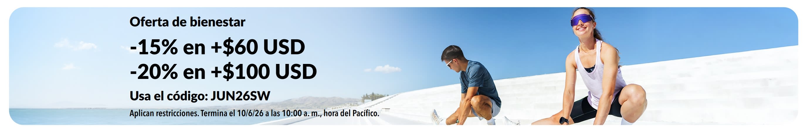 Banner de Oferta de bienestar: -15% en más de $60 USD y -20% en más de $100 USD.