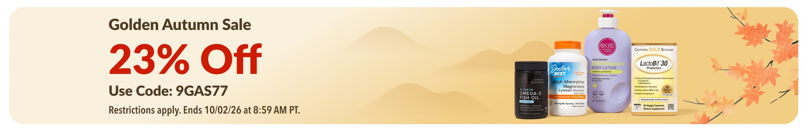 Golden Autumn Sale: 23% Off with code 9GAS77. Features health products, mountains, and autumn leaves.