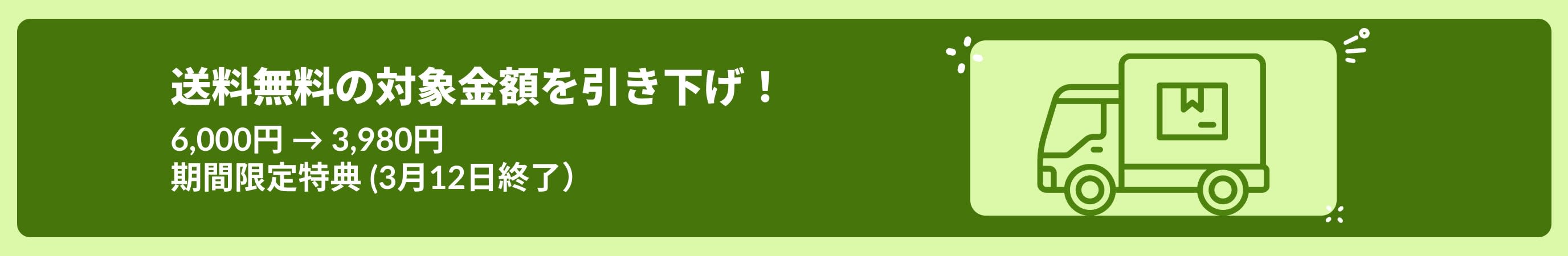 送料無料バナー：適用条件を6,000円から3,980円に引き下げ。3/12までの期間限定特典