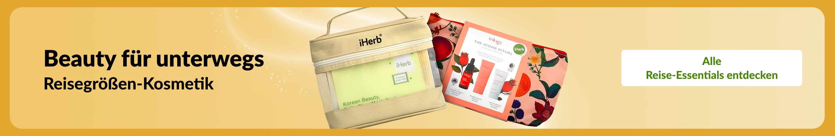 Reisegrößen-Kosmetik: Reisefreundliche Beauty-Essentials mit Hautpflegeprodukten, Kosmetik und stylischen Aufbewahrungslösungen für einfaches Packen.
