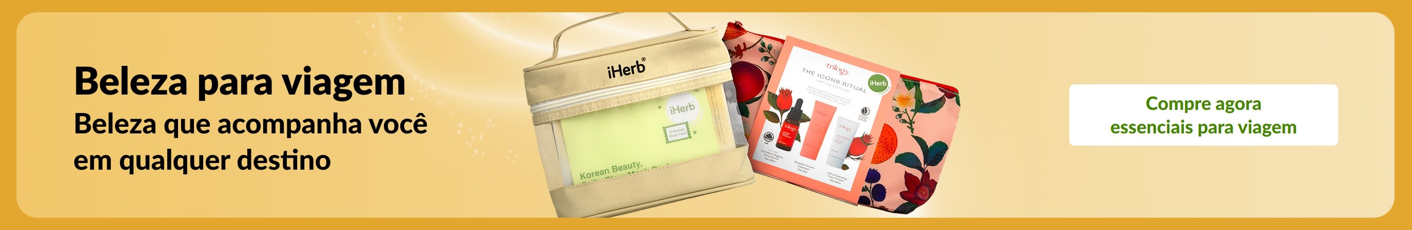 Beleza para viagem: essenciais de beleza com cuidados para a pele, cosméticos e organizadores para arrumar a mala com facilidade.