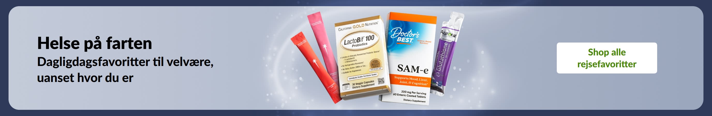 Helse på farten: Daglige helsefavoritter, herunder kosttilskud og probiotika, til sundhedsstøtte uanset hvor du er.