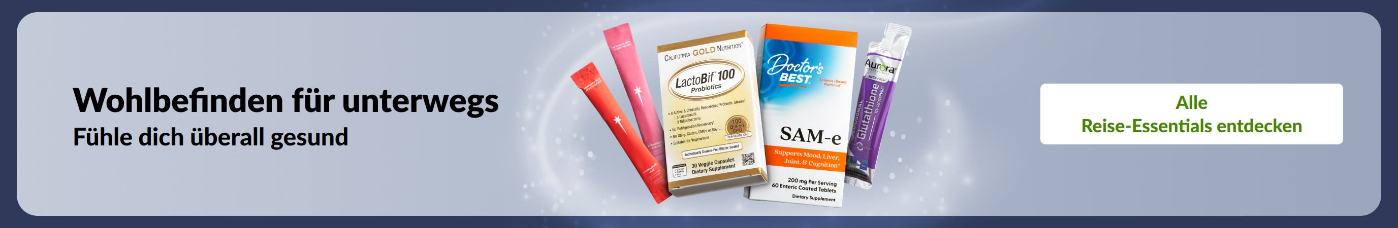 Gesundheit für unterwegs: Das Nötigste für deine tägliche Gesundheit, darunter Nahrungsergänzungsmittel und Probiotika, damit du dich überall gesund fühlst.