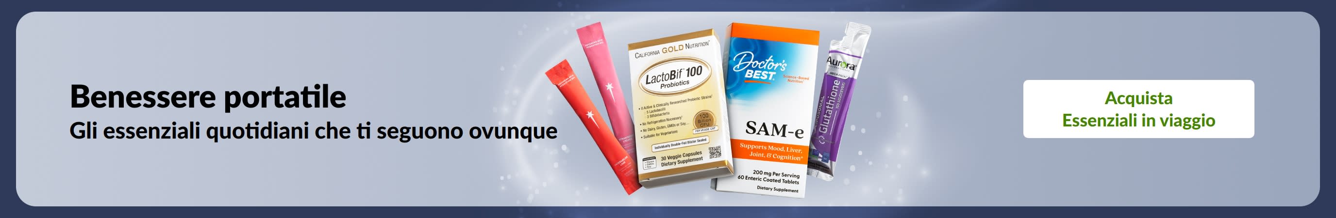 Benessere portatile: essenziali per il benessere quotidiano, compresi integratori e probiotici, per il sostegno della salute ovunque ci si trovi. 