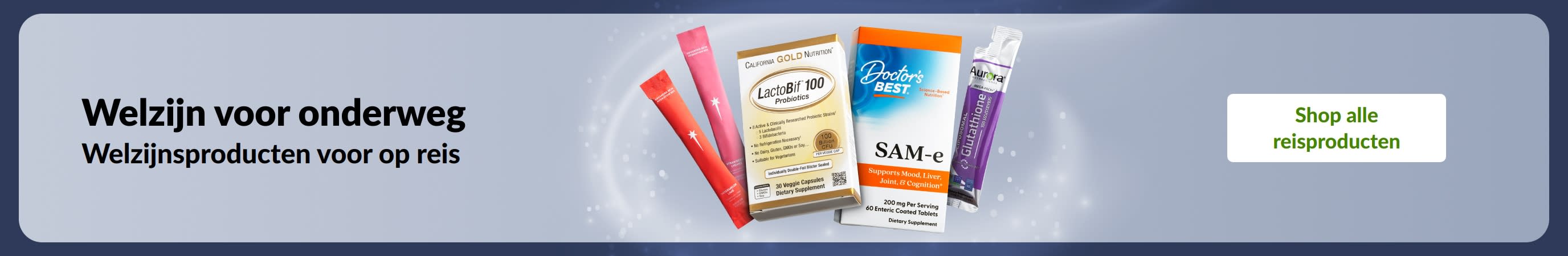 Welzijn voor onderweg: dagelijkse welzijnsproducten, zoals supplementen en probiotica, voor een optimale gezondheid, waar je ook bent.