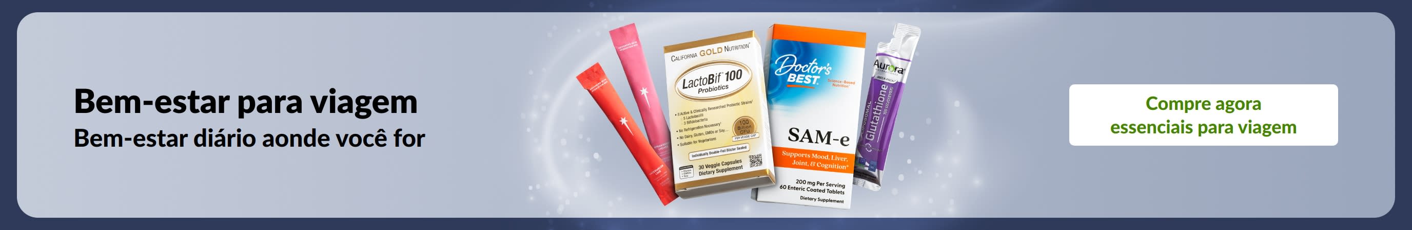 Bem-estar para viagem: essenciais de bem-estar, como suplementos e probióticos, para apoiar sua saúde em qualquer lugar.