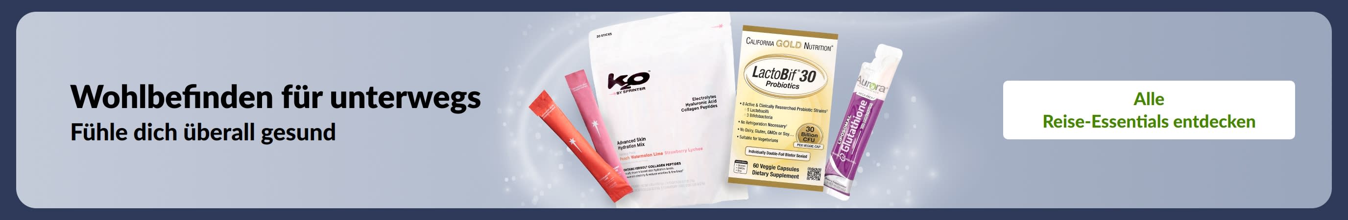 Gesundheit für unterwegs: Das Nötigste für deine tägliche Gesundheit, darunter Nahrungsergänzungsmittel und Probiotika, damit du dich überall gesund fühlst.