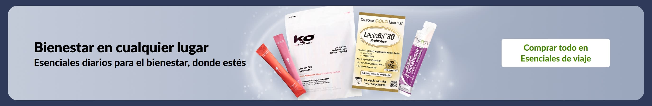 Bienestar en cualquier lugar: esenciales diarios como suplementos y probióticos, para cuidar tu salud donde estés.