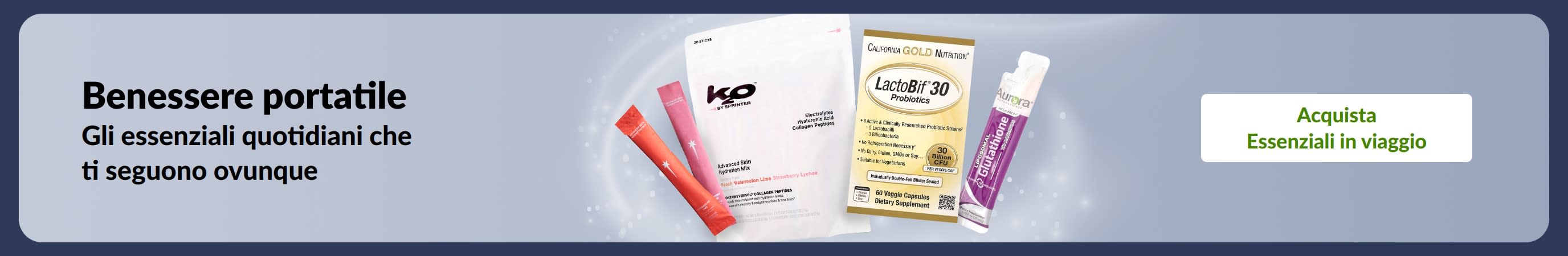 Benessere portatile: essenziali per il benessere quotidiano, compresi integratori e probiotici, per il sostegno della salute ovunque ci si trovi. 