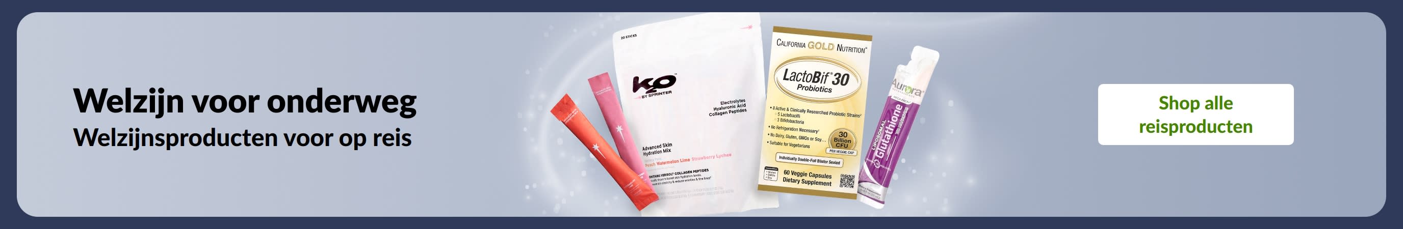Welzijn voor onderweg: dagelijkse welzijnsproducten, zoals supplementen en probiotica, voor een optimale gezondheid, waar je ook bent.