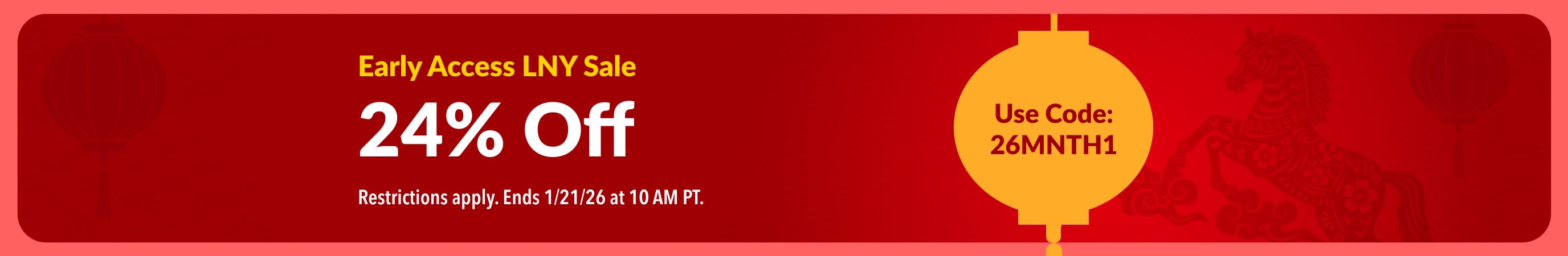 Red Lunar New Year banner promoting early access sale, 24% off, with lanterns and discount code 26MNTH1.