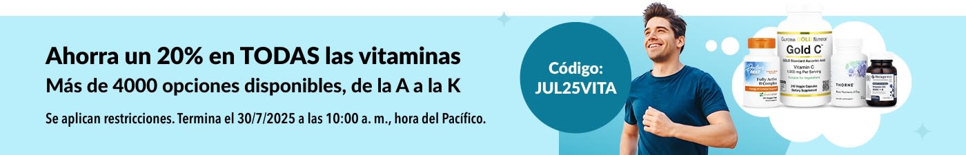 Hombre haciendo ejercicio sobre un fondo azul junto a la oferta del 20% en todas las vitaminas con el código JUL25VITA.