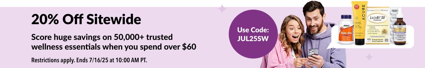 Excited couple shopping online with promo code JUL25SW for 20% off wellness products sitewide on orders over $60.