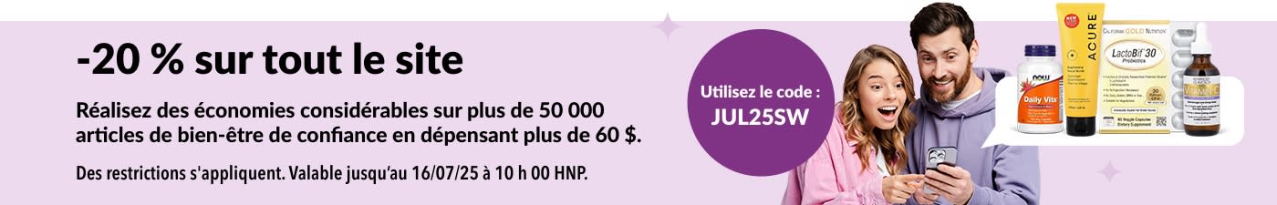 Couple enthousiaste faisant du shopping en ligne avec le code promo JUL25SW pour 20% de réduction sur les produits de bien-être dans tout le site pour les commandes de plus de 60 $.