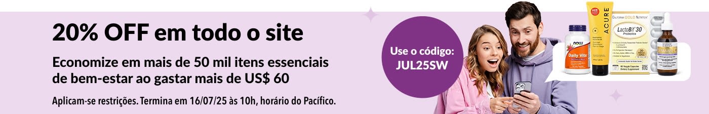 Casal animado comprando on-line com o código JUL25SW para obter 20% OFF em itens de bem-estar em todo o site em pedidos acima de US$ 60.