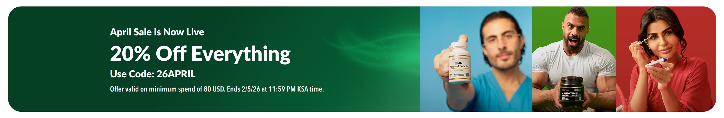 April sale banner: 20% off everything with code 26APRIL, featuring wellness products and people using supplements.